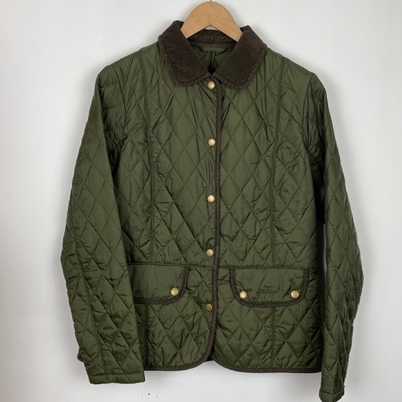 Barbour Jackets & Blazers - Barbour 10 Vintage Quilt Jacket Sage Green Brown Cord Collar